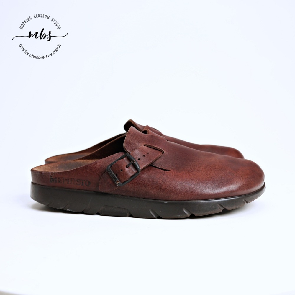 Mephisto Distressed Leather Adjustable Buckle Slide Clog Mules Brown Men 10.5